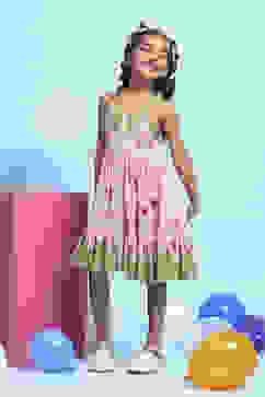 Pink Viscose Rayon Printed Tiered Dress image number 0