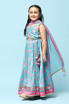 Turquoise Cotton Straight Printed Suit Set image number 4