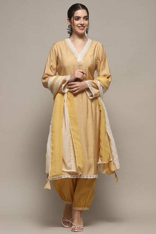 Beige Muslin Unstitched Suit set image number 8