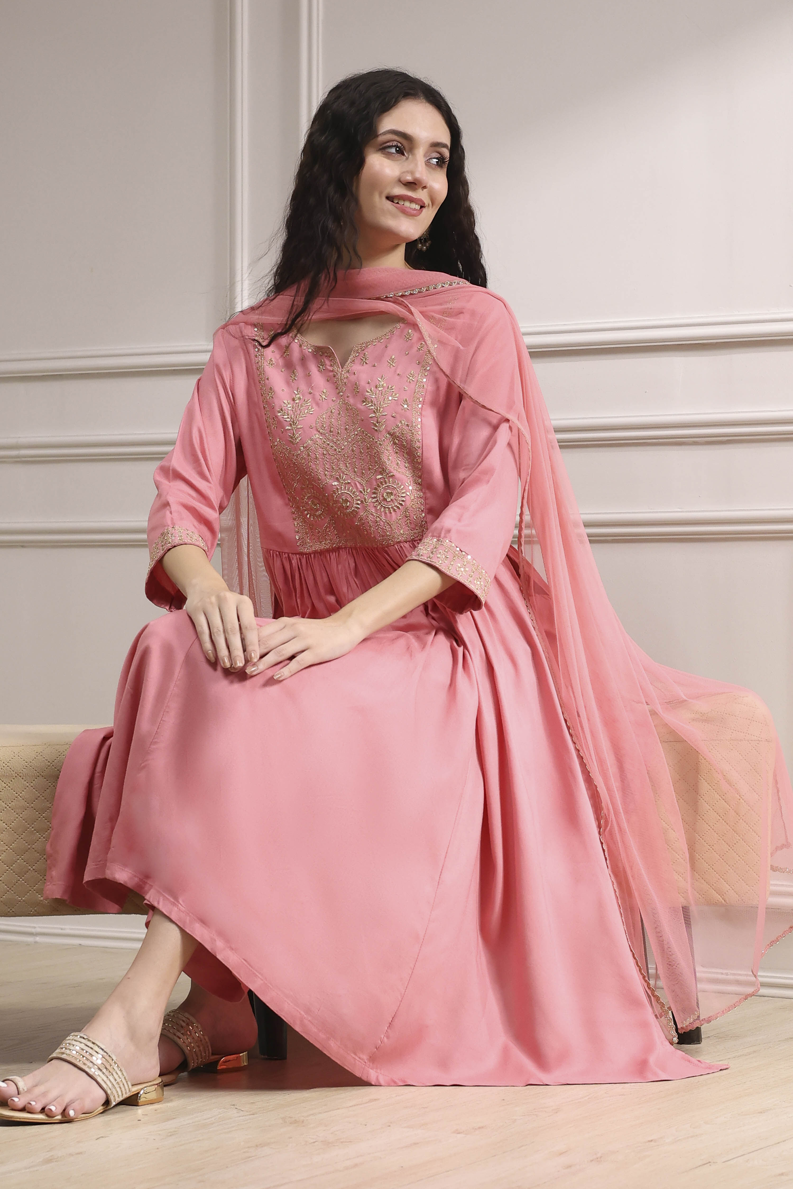 Peach-Colored Embroidered Gathered Suit Set image number 0