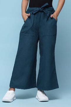 Teal Polyester Solid Pants image number 5