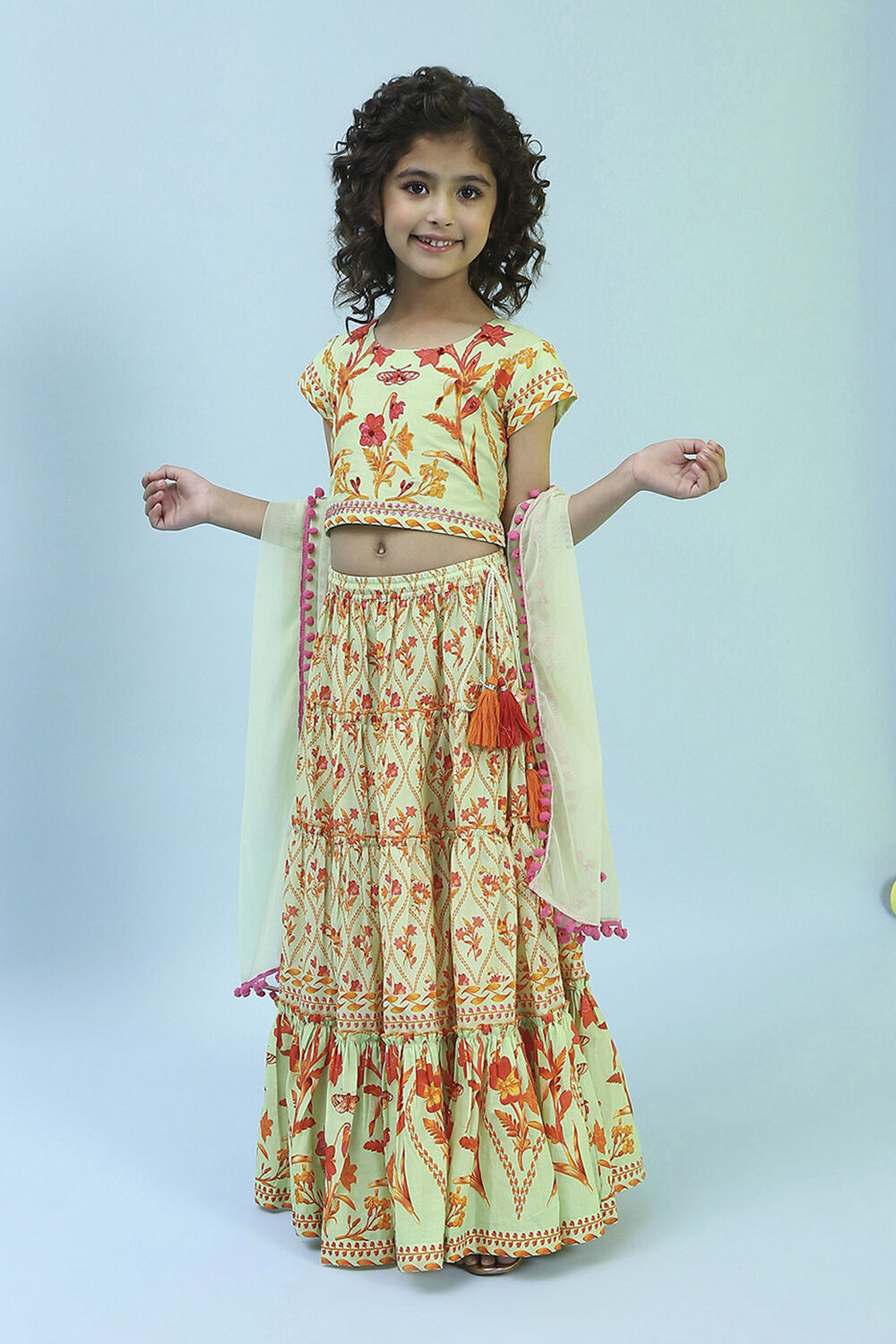 Lime Green Cotton Printed Lehenga Set image number 6