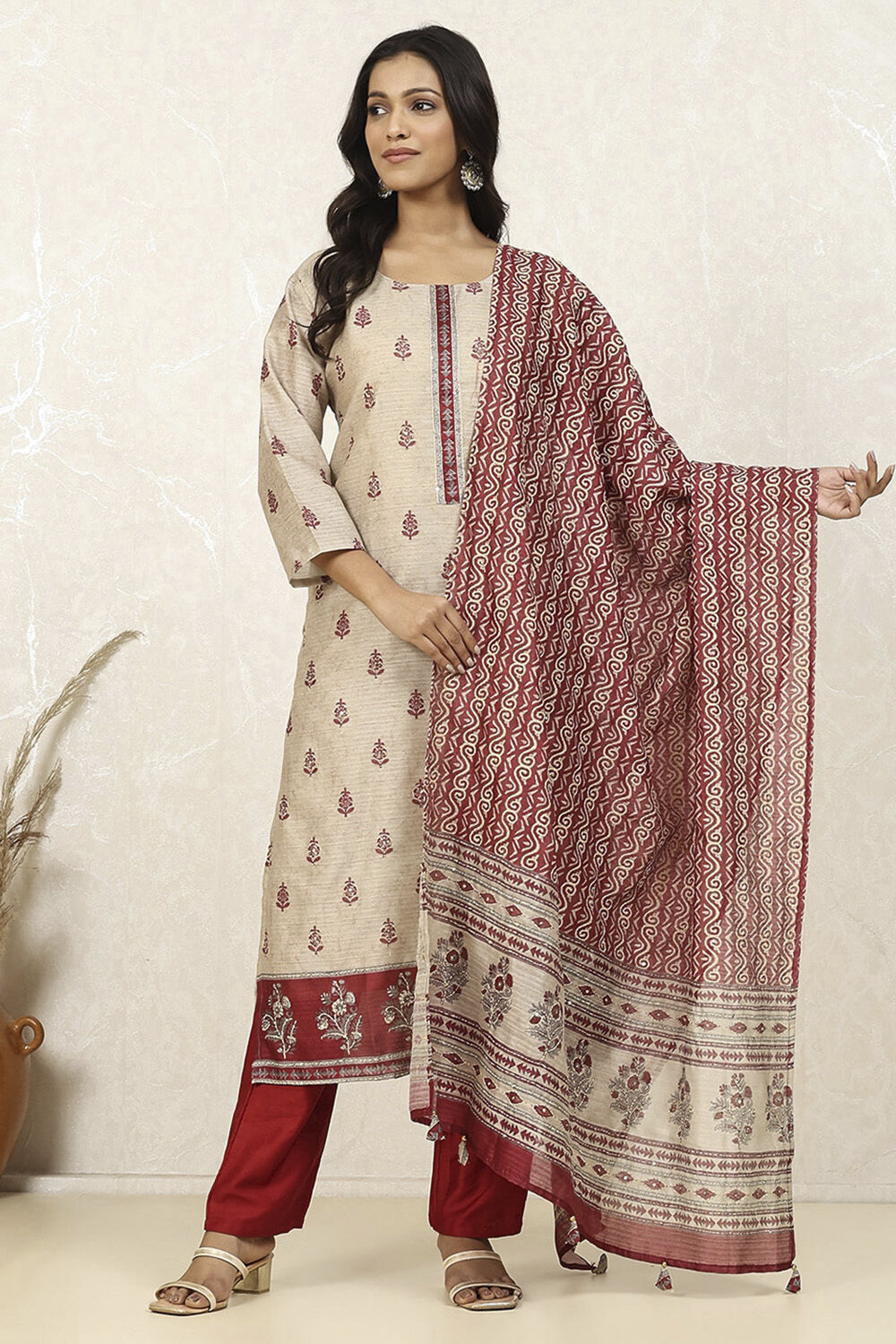 Red Silk Blend Digital Print Unstitched Suit Set image number 1