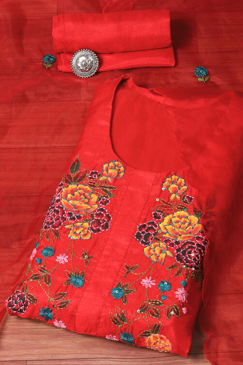 Red Silk Blend Hand Embroidered Unstitched Suit Set image number 0