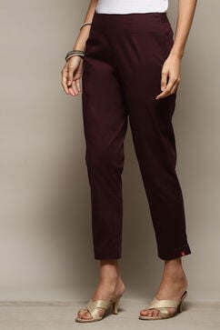 Dark Purple Cotton Slim Solid Pants image number 2