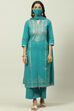 Peacock Green Printed Cotton Straight Suit Set image number 0