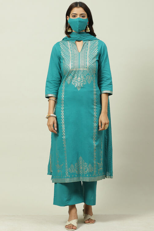 Peacock Green Printed Cotton Straight Suit Set image number 0