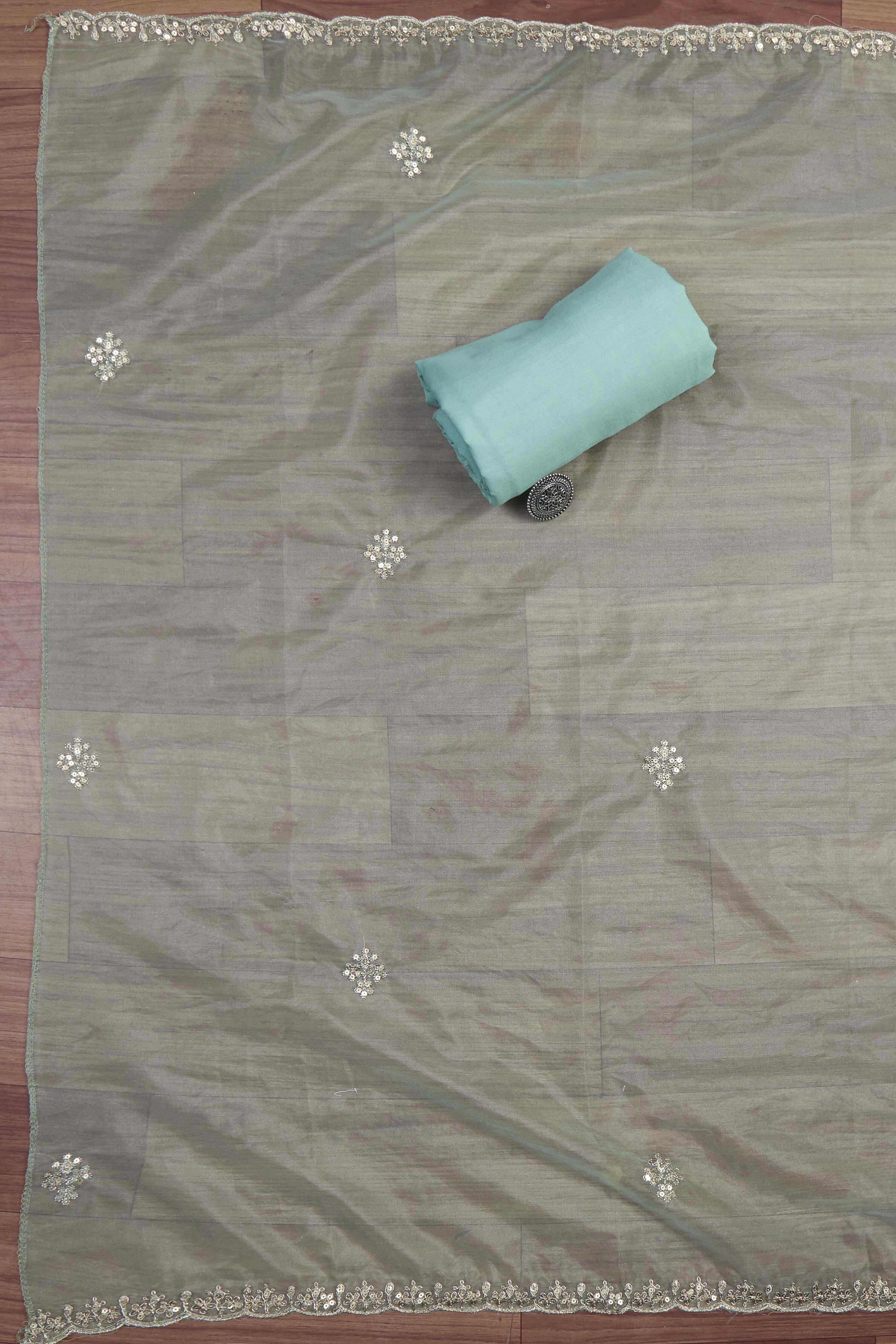 Blue Organza Rajasthani Print Unstitched Suit Set image number 3