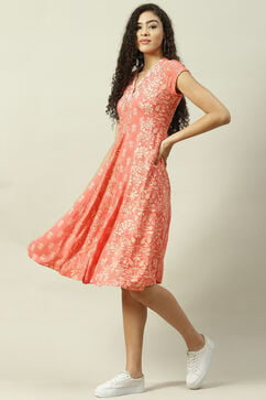 Coral Art Silk A-Line Fusion Printed Dress image number 2