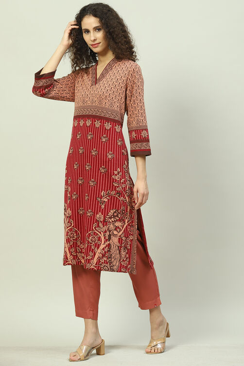 Berry Acrylic Straight Printed Kurta image number 2