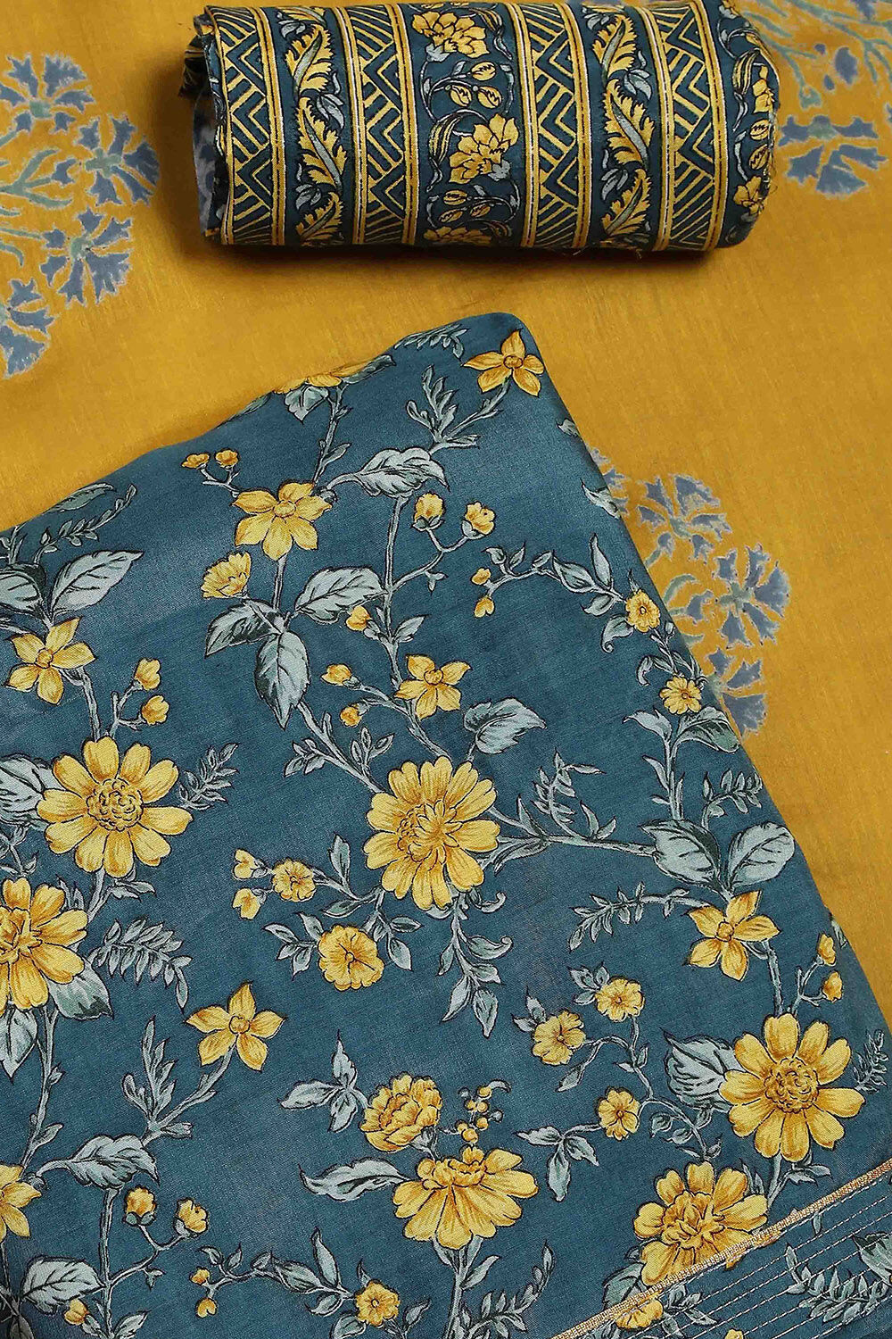 Blue Viscose Muslin Screen Print Unstitched Suit Set image number 1