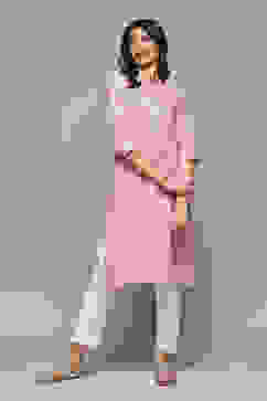 Pink Cotton Blend Straight Yarndyed Kurta image number 2
