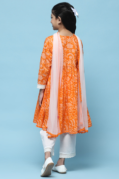 Orange Cotton Printed Flared Kurta White Palazzo & Dupatta image number 5