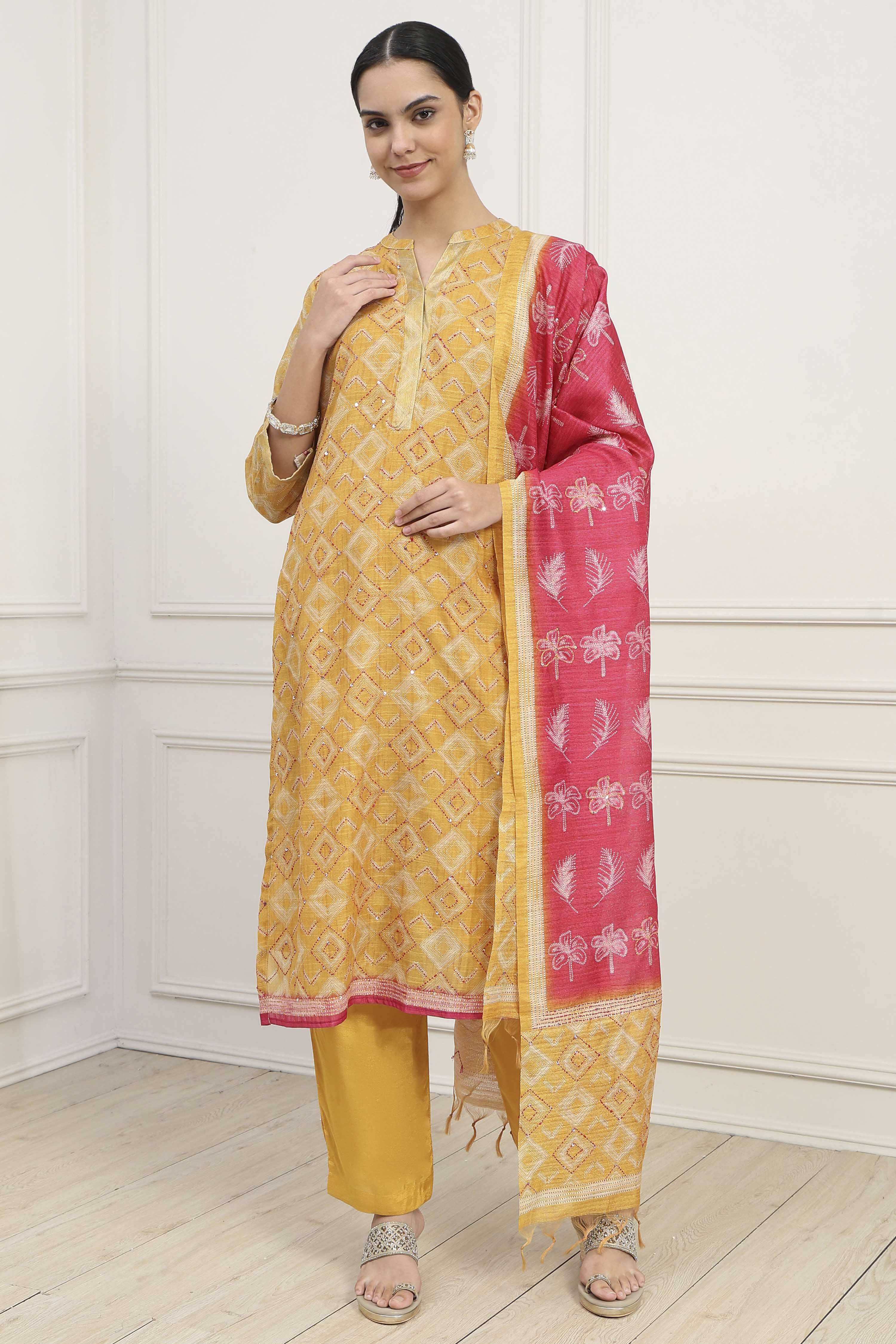 Yellow Silk Blend Printed Unstitched Suit Set image number 1