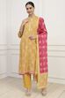 Yellow Silk Blend Printed Unstitched Suit Set image number 1