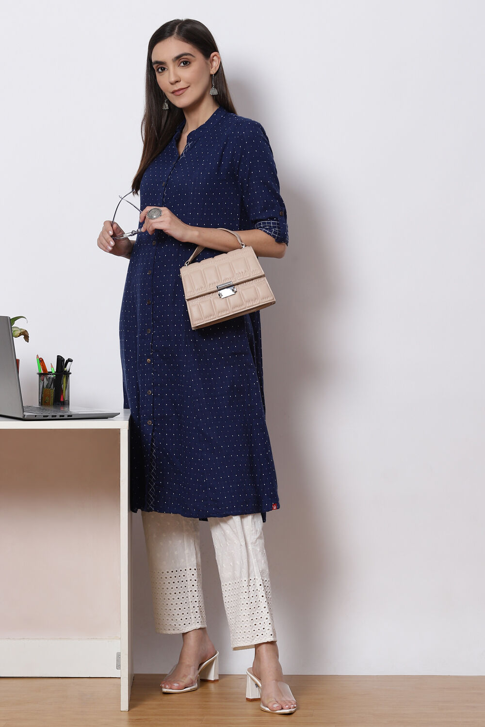 Navy Blue Cotton A Line Kurta Set image number 6