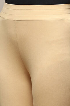 Beige Cotton Blend Solid Leggings image number 1