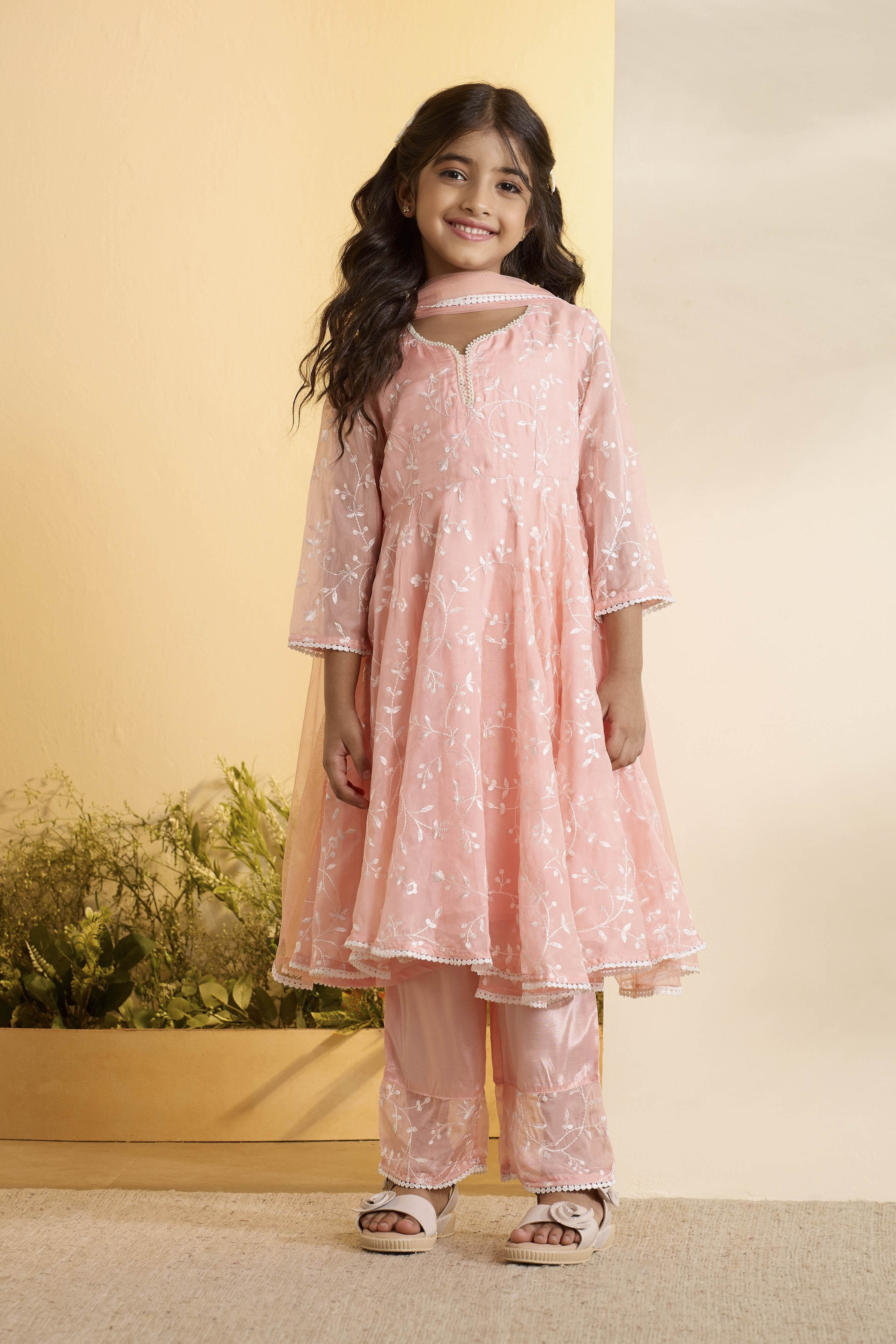 Peach Embroidered Straight Kurta Set image number 6
