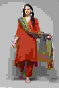 Burnt Orange LIVA Asymmetric Kurta Slim Pant Suit Set image number 0