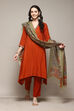 Burnt Orange LIVA Asymmetric Kurta Slim Pant Suit Set image number 0