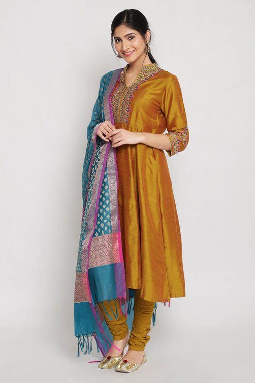 Mustard Poly Viscose A-Line Kurta Churidar Suit Set image number 2