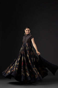 Rohit Bal Black Cotton Silk Anarkali Printed Suit Set image number 4