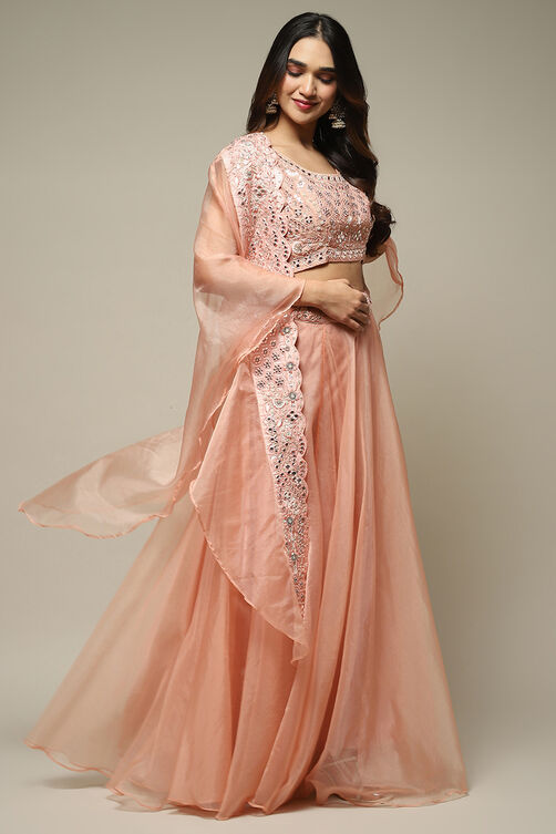 Powder Pink Cotton Silk Embroidered Lehenga Set image number 6