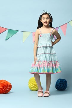 Turquoise Cotton Tiered Dress image number 5