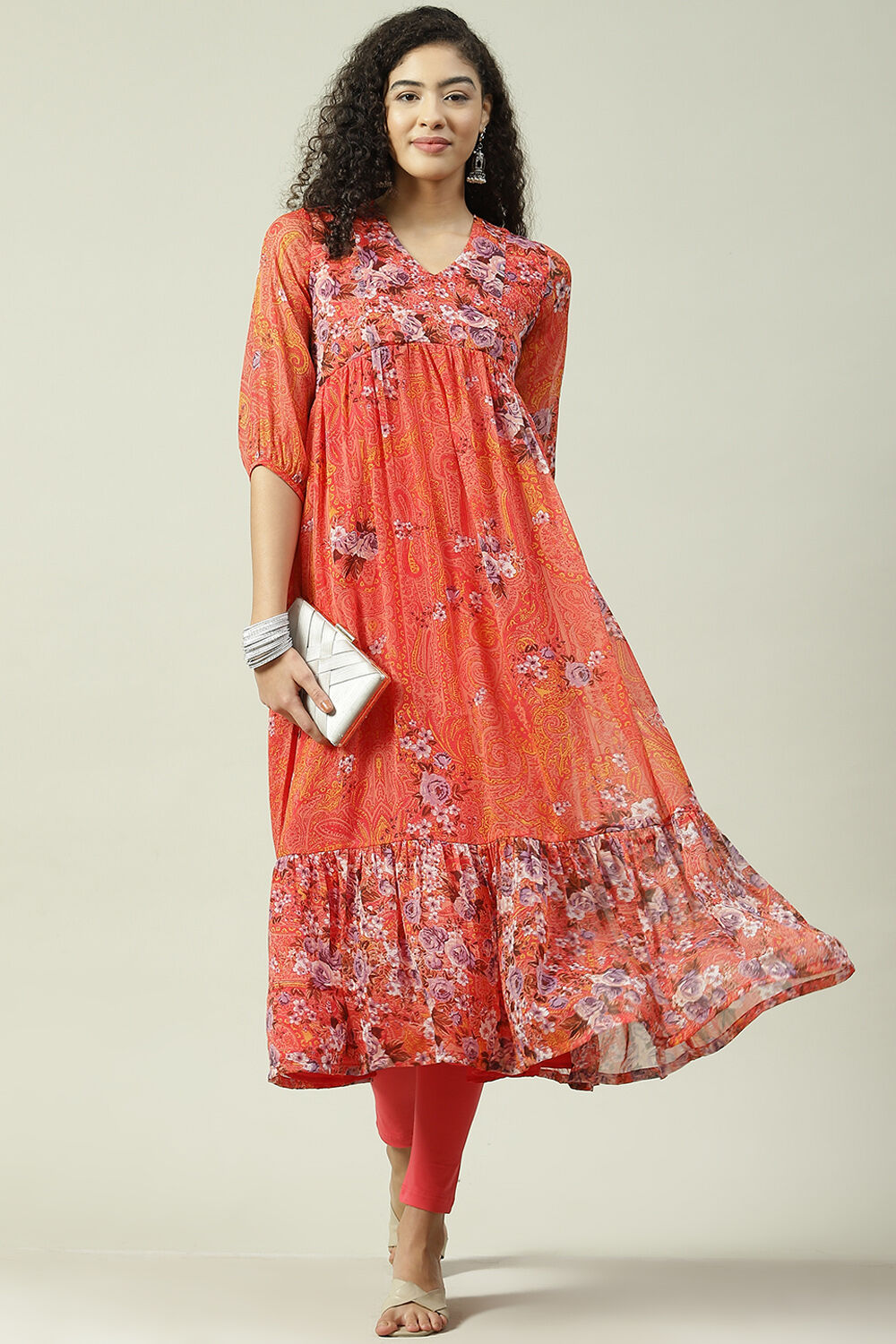 Coral Viscose Flared Kurta Set image number 6
