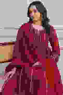 Red Chanderi Kalidar Dyed Suit Set image number 0