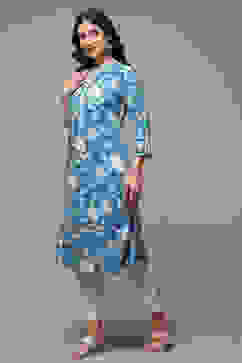 Sky Blue LIVA Straight Printed Kurta image number 3