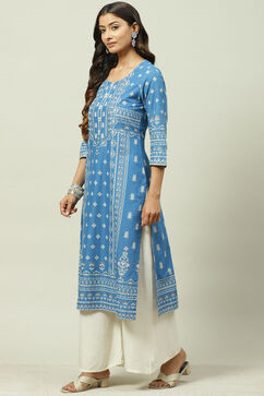 Blue Cotton Straight Kurta image number 2