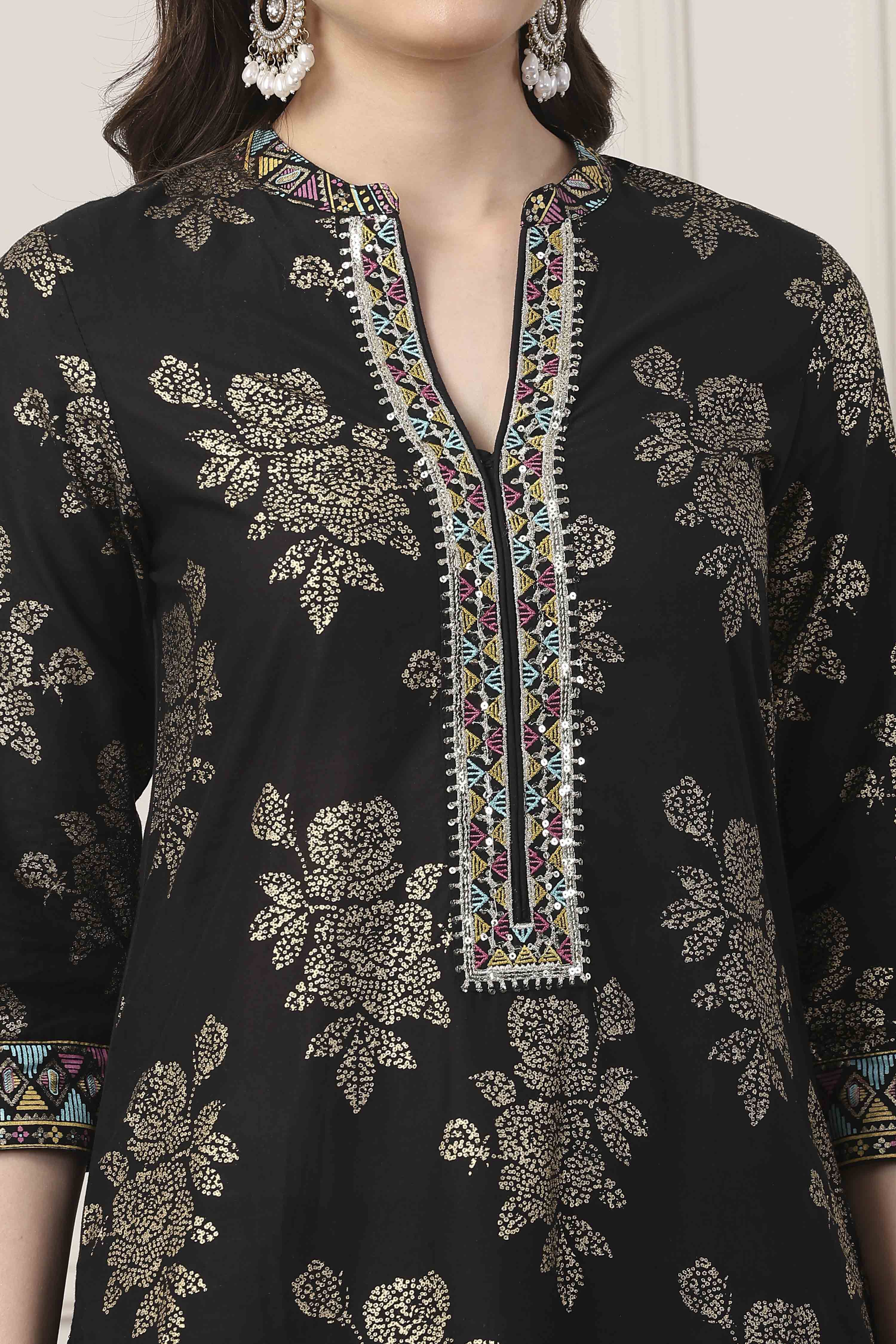 Black Cotton Straight Kurta Palazzo Suit Set image number 1