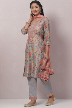 Grey Cotton Straight Kurta Pant Suit Set image number 5