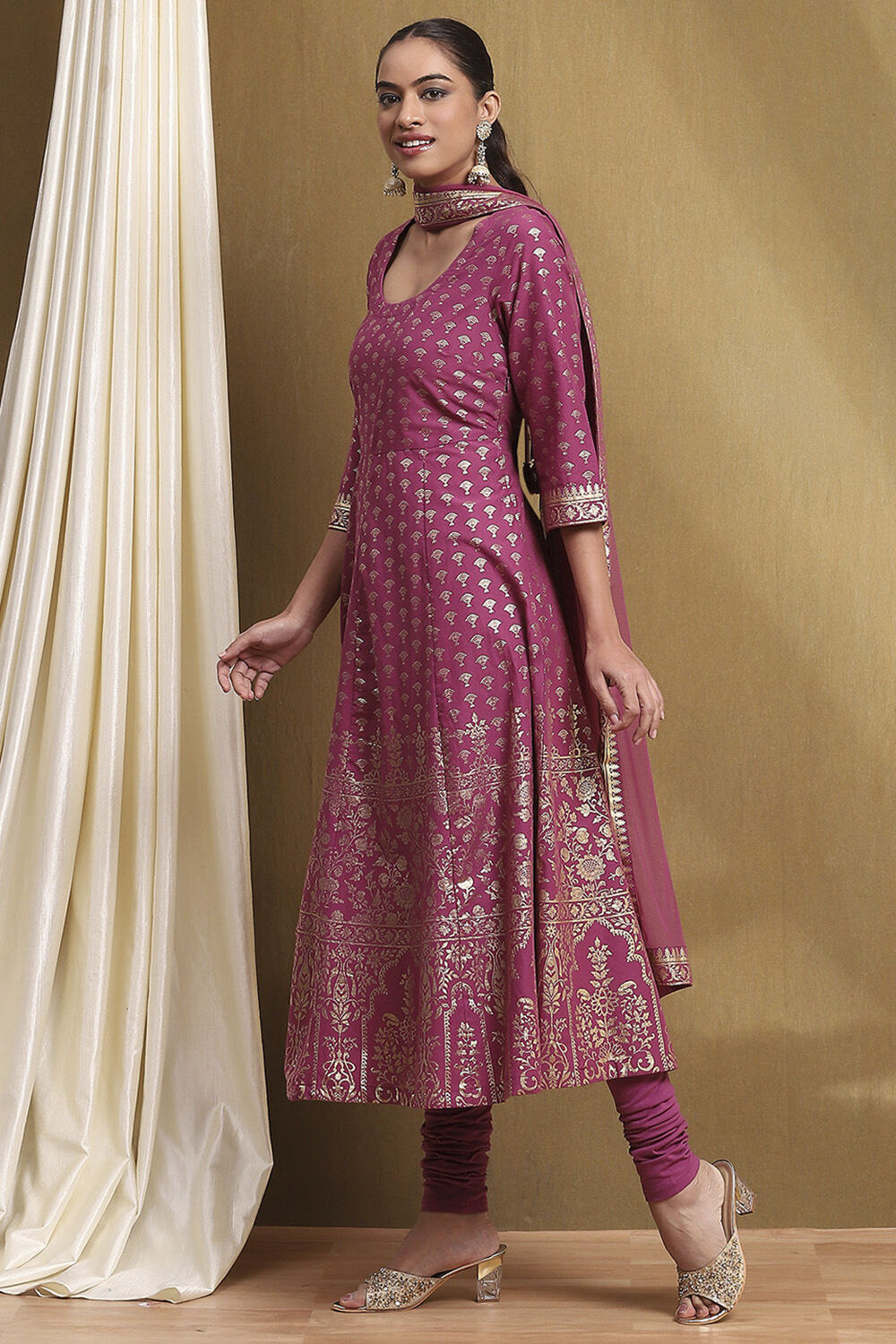 Plum Cotton Printed Anarkali Suit Set image number 3