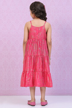 Berry Pink Art Silk Tiered Printed Kurta image number 4