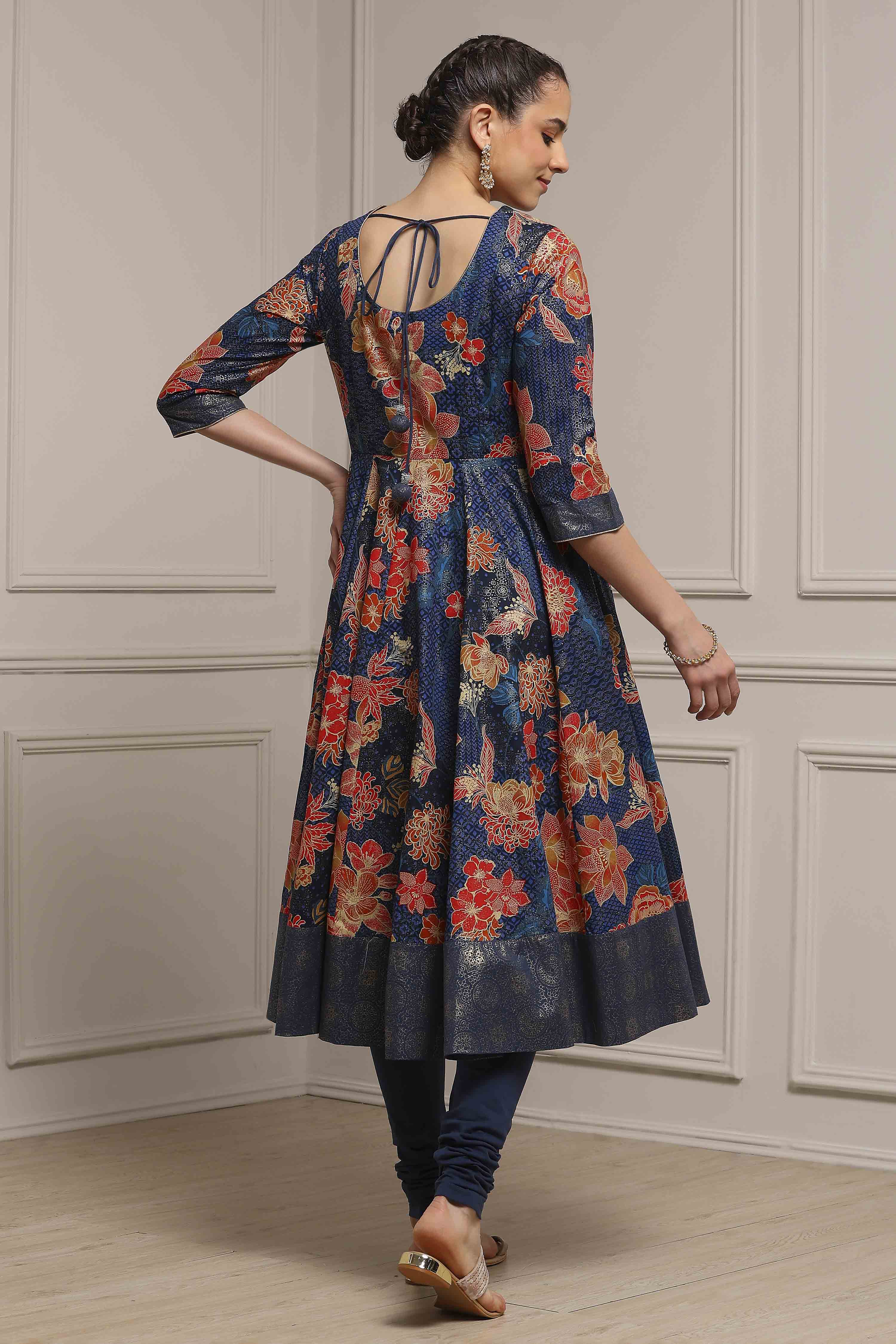 Navy Cotton Anarkali Printed Suit Set image number 4