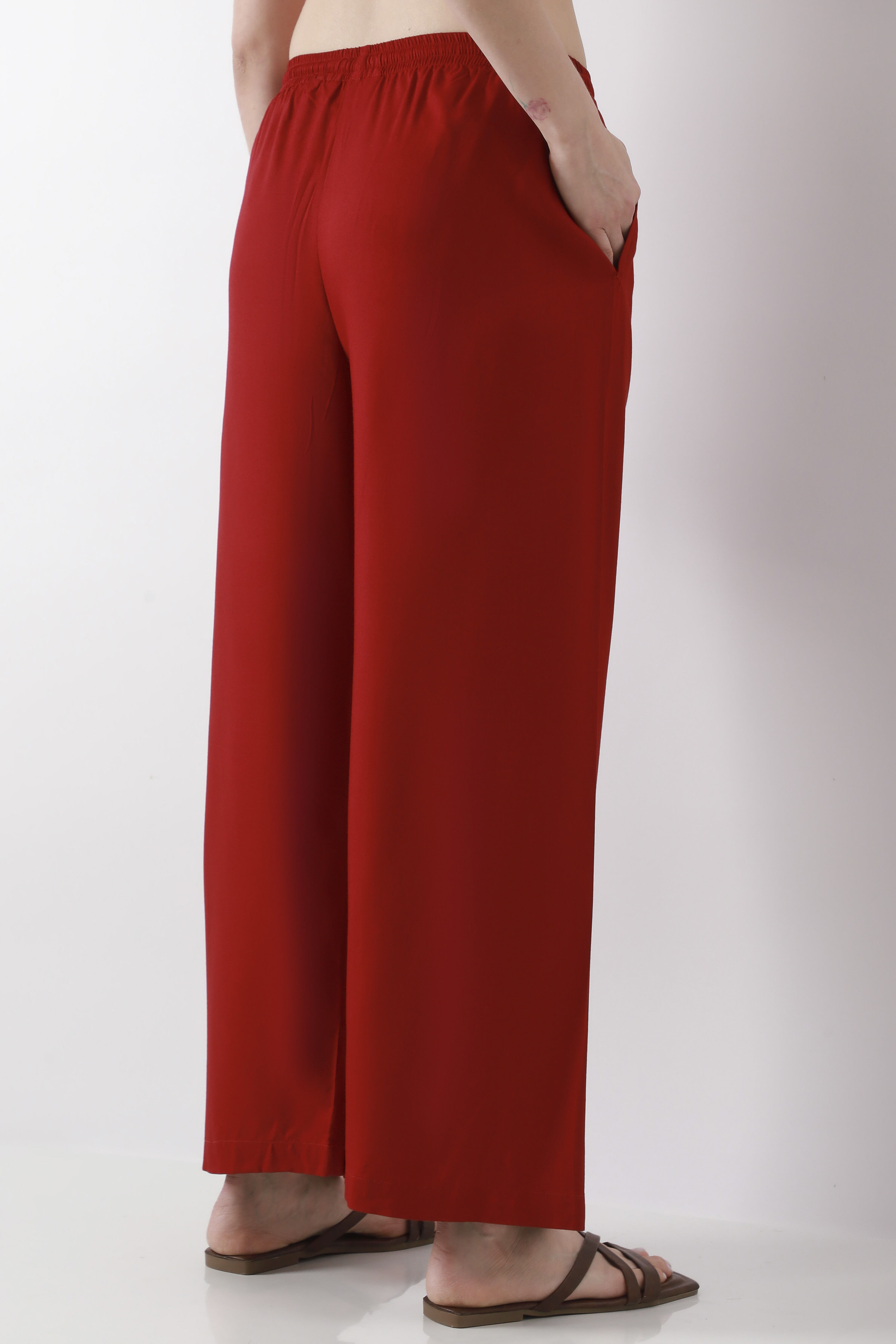 Maroon Solid Straight Palazzos image number 5