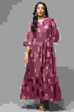 Purple Cotton Blend Tiered Printed Dress image number 0