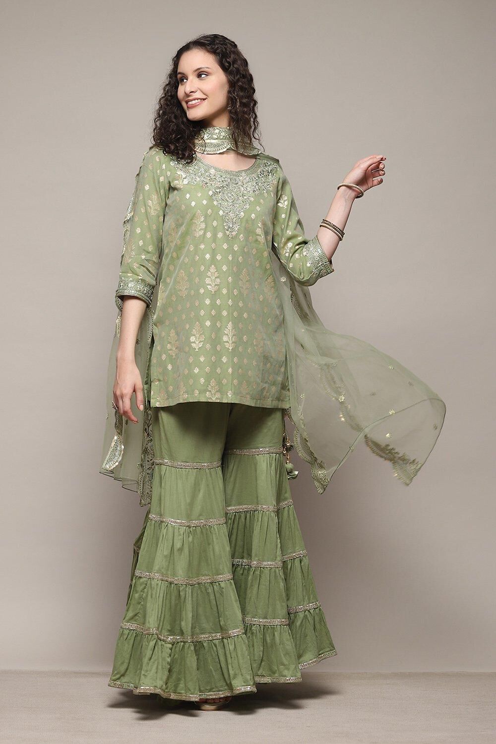Sap Green Cotton Blend Straight YARNDYED Suit Set Kurta Garara Dupatta at Biba Global