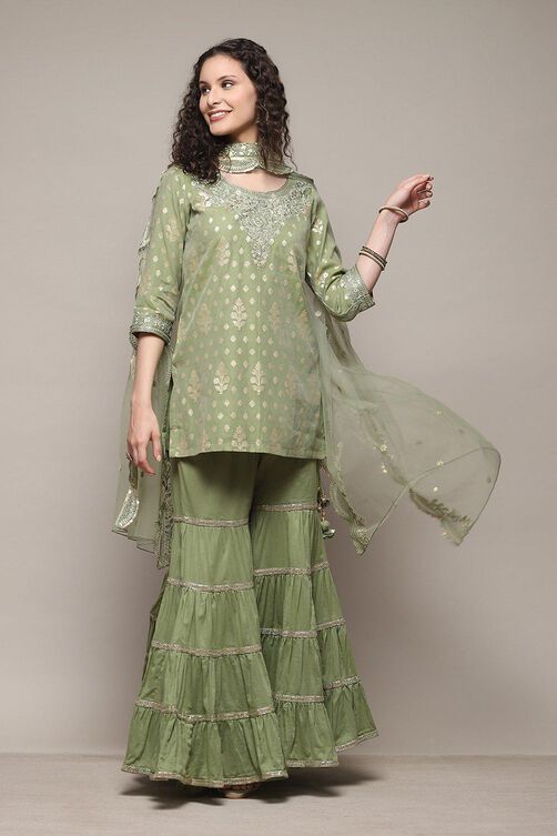 Sap Green Cotton Blend Straight YARNDYED Suit Set image number 0