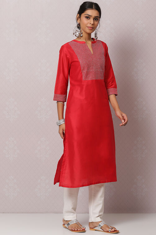 Red Straight Nylon Viscose Kurta image number 2