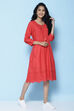 Red Cotton Flared Solid Dress image number 4