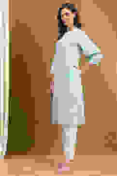 Ice Blue Cotton Solid Regular Fit Straight Kurta image number 2