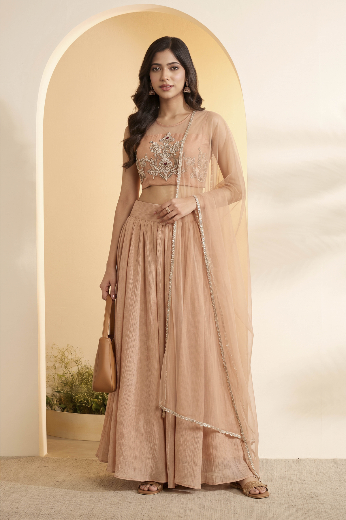 Peach Nylon Straight Lehenga Set