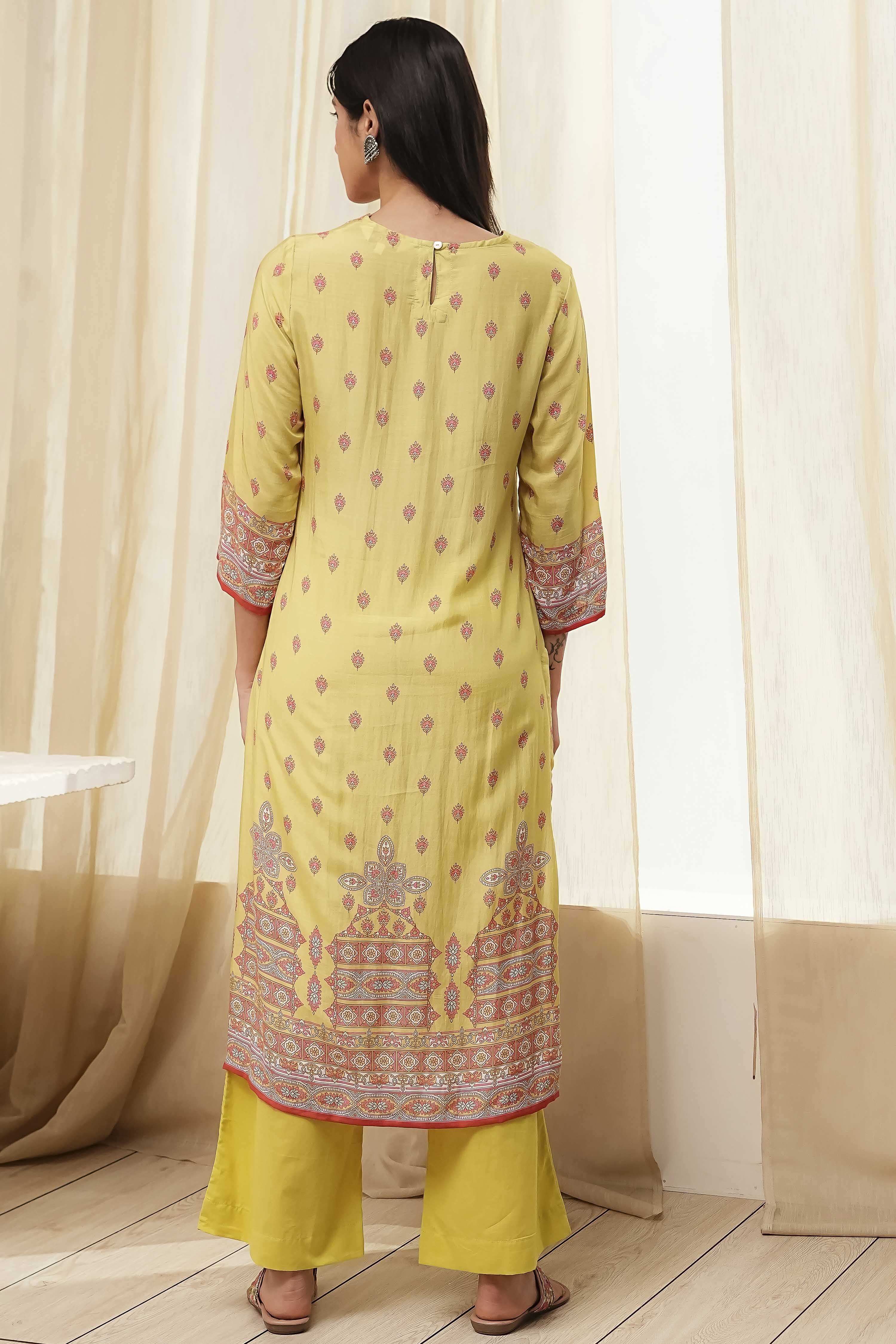 Green Modal Printed Straight Suit Set image number 4