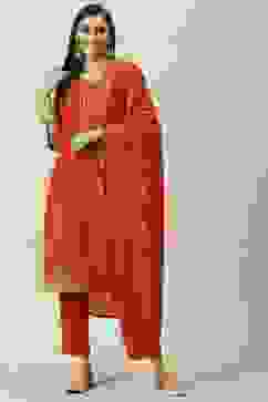 Red Printed Cotton Straight Kurta Slim Pants Suit Set image number 0