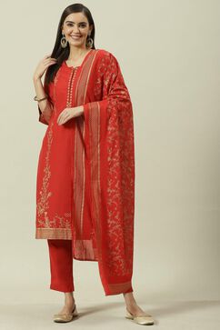 Red Printed Cotton Straight Kurta Slim Pants Suit Set image number 0