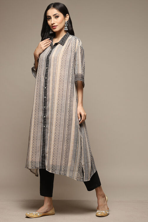 Beige & Black Cotton Blend Straight Printed Kurta image number 4