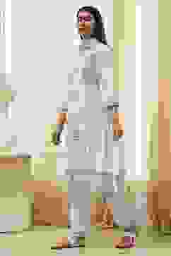 Off-White and Blue Cotton Straight Suit Set image number 3